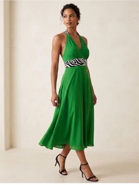 Party Phoebe Couture Dress size 6 Halter Neck Zebra Sparkle Tie Stretchy Green